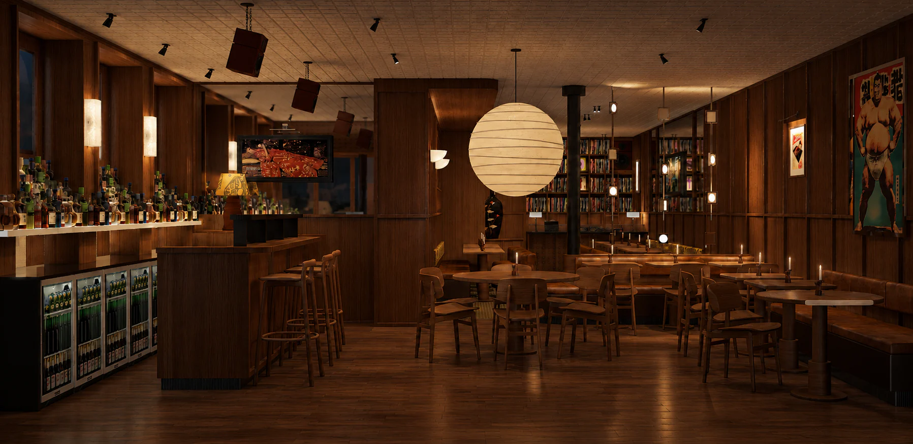 La salle du restaurant en enfilade, boiseries sombres et lanterne de papier au-dessus des tables